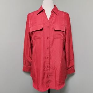 d&co Long Sleeve Button Up Blouse Bright Red Flowy Relaxed Size Small